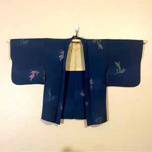 Vintage Japanese Haori Blue with Embroidered Leaves